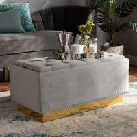 Baxton Studio WS-2019-Grey Velvet/Gold-Otto Powell Glam and Luxe Grey Velvet Fabric Upholstered and Gold PU Leather Storage Ottoman
